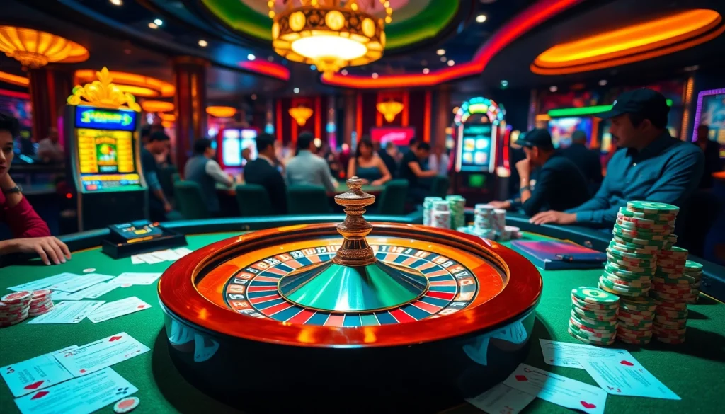 Experience the thrilling ambiance of gacor123 with players at a roulette table, surrounded by vibrant poker chips and cards.